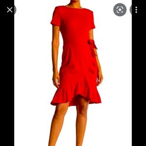 Calvin Klein Belted Ruffle Helm Dress in Red
